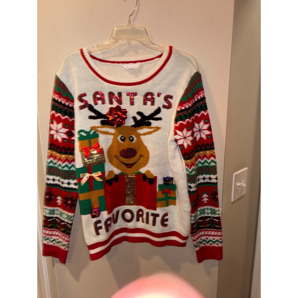 No Boundaries Kids XL Santa's Favorite Reindeer Ugly Christmas Sweater White